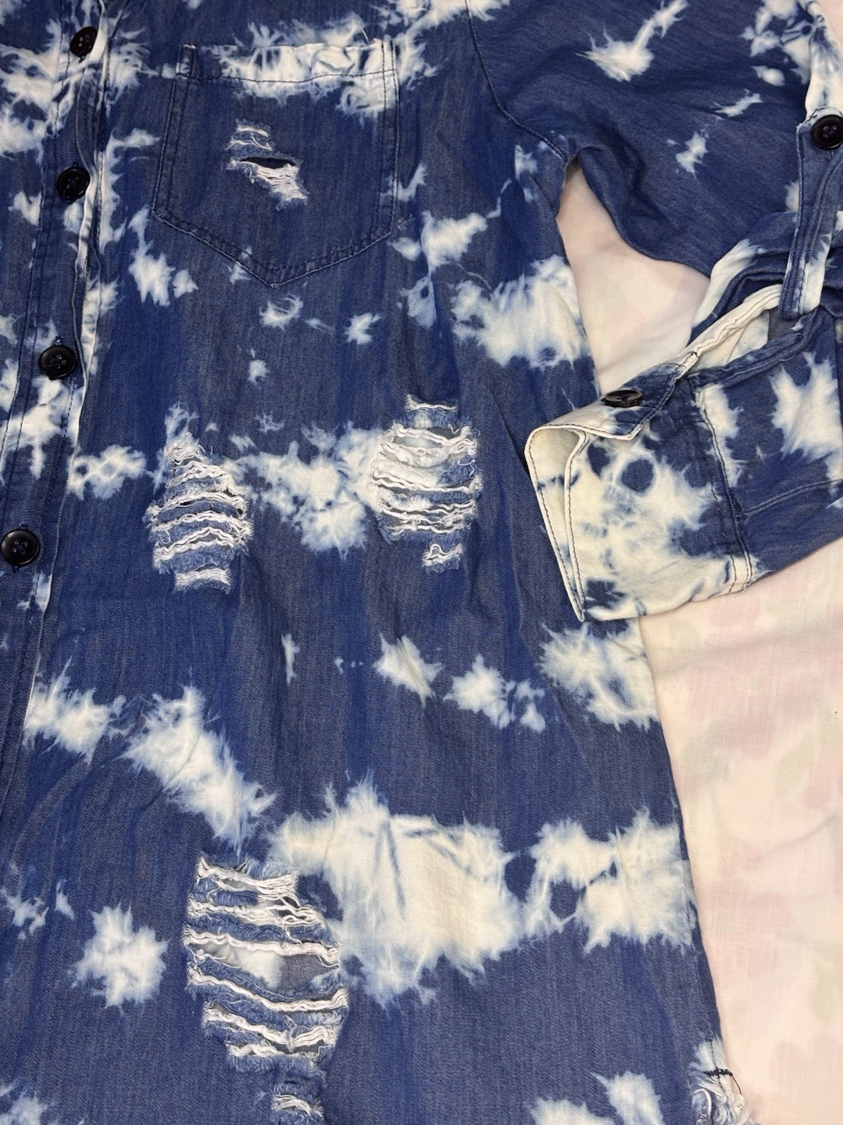 Thrill Distressed Bleached Denim Button Down Top-… - image 3