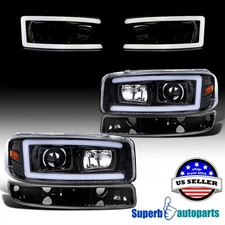 Fits 1999-2006 Sierra Polished Black Projector Headlights LED Bar+Bumper Lamps
