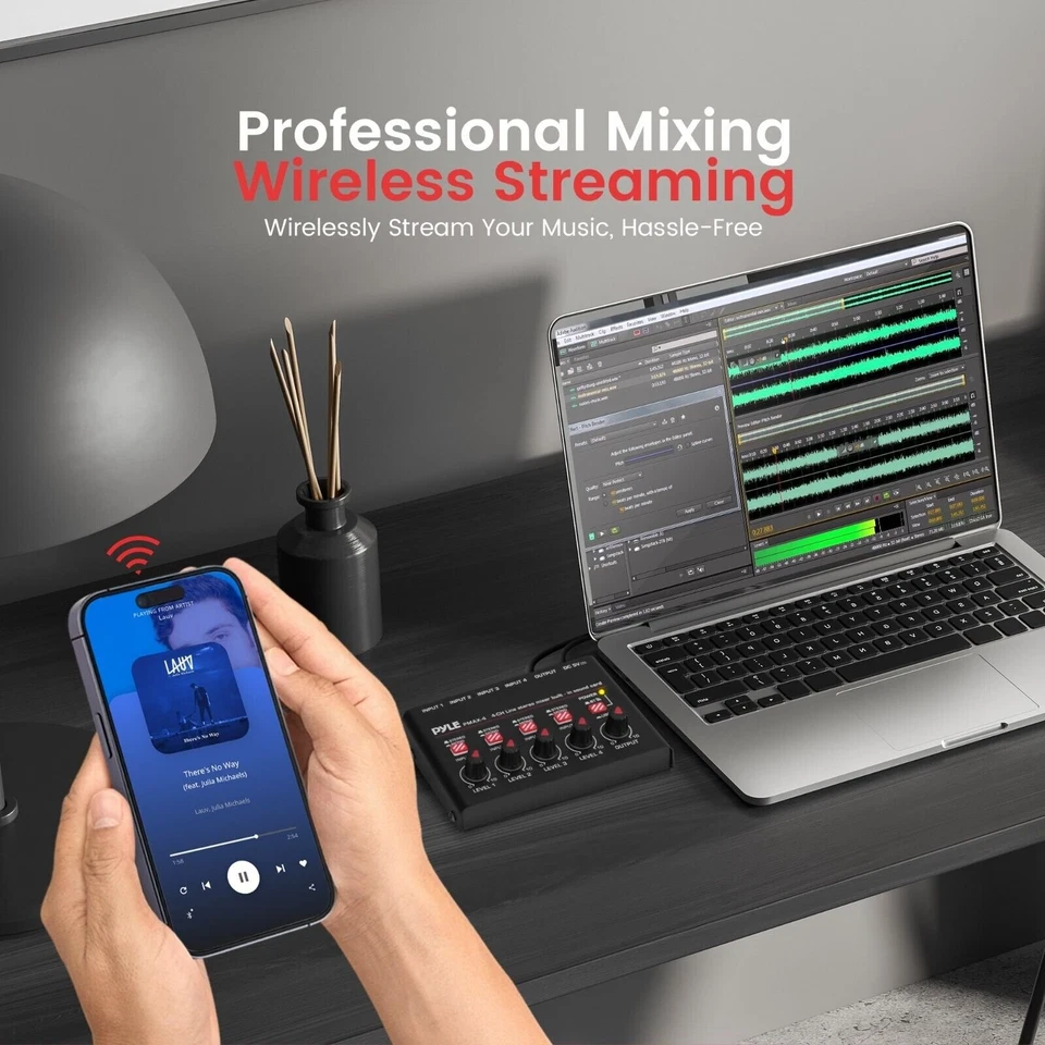 Pyle 4-Channel Wireless BT Streaming Mini Line Mixer w/ USB Audio Interface - Image 2 of 4