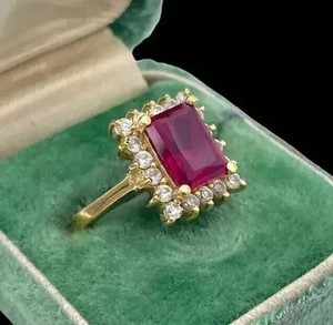 Authentic 3.00CT Emerald Cut Lab Created Ruby Women Wedding Ring 14k Yellow Gold Plated
