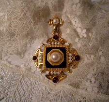 Vtg Signed Monet Gold Tone Faux Pearl Black Enamel Cross Ornate Pendant Enhancer