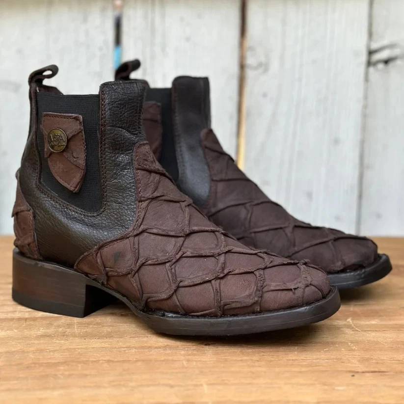 Genuine Leather Exotic Pirarucu Fish Print Square Toe Western Ankle Boot - Brown