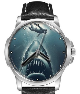 Jaws Shark Deep Seas Lederarmband großes Zifferblatt Armbanduhr