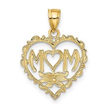 14K Yellow Gold MOM in Heart Charm Pendant L 19.9mm, W 16.1mm