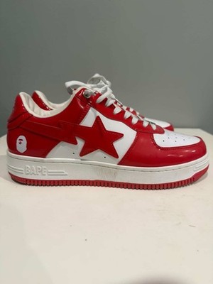 BAPE red and white leather trainers