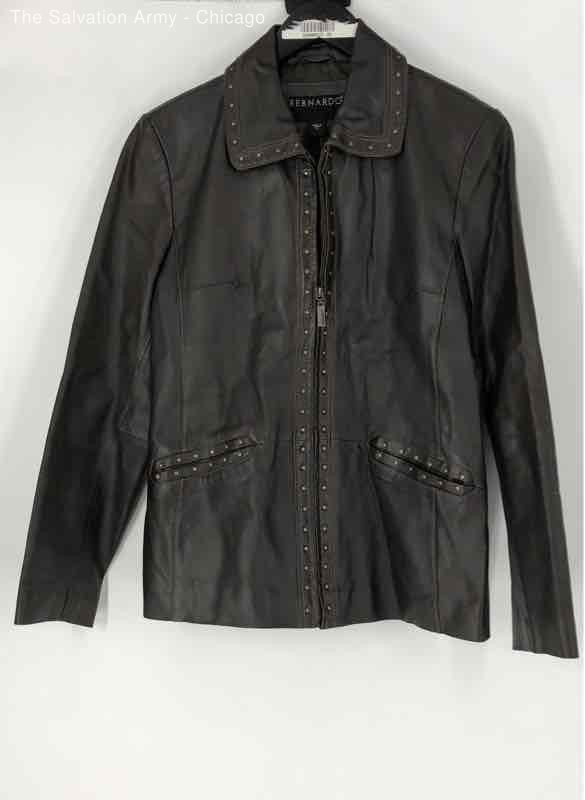 Bernardo Womens Brown Leather Long Sleeve Collared Full-Zip Jacket Size Medium
