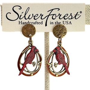 Authentic Silver Forest Red Cardinal Bird Dangle Earrings 18K Gold Plated Surgical