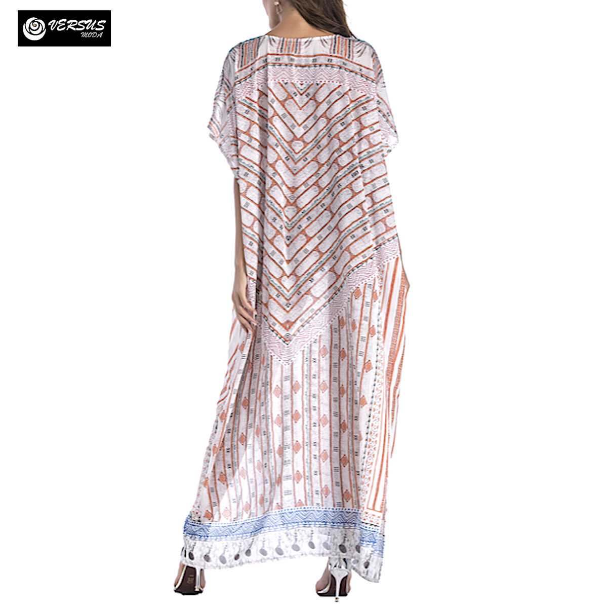 Maxi Abito Lungo Donna Caftano Boho Hippie – Blu Floreale, Taglia Unica, Kimono Maniche