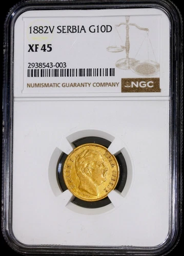 SERBIA 10 Dinara 1882 V MILAN I Gold Coin 3.2g NGC XF45