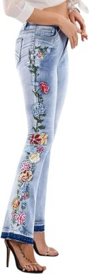Womens Chic Floral Embroidered High-Rise Bell Bottom Flare Jeans Broad Feet Long