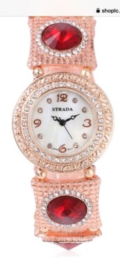 STRADA WATCH WITH AUSTRIAN WHITE CRYSTALS AND RED GLASS SET IN ROSETONE
