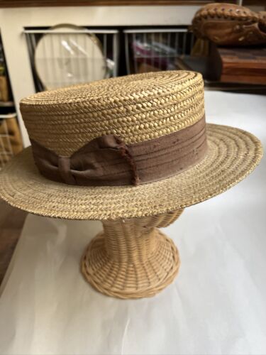 ANTIQUE Italy BOATER SKIMMER BARBERSHOP STRAW HAT 