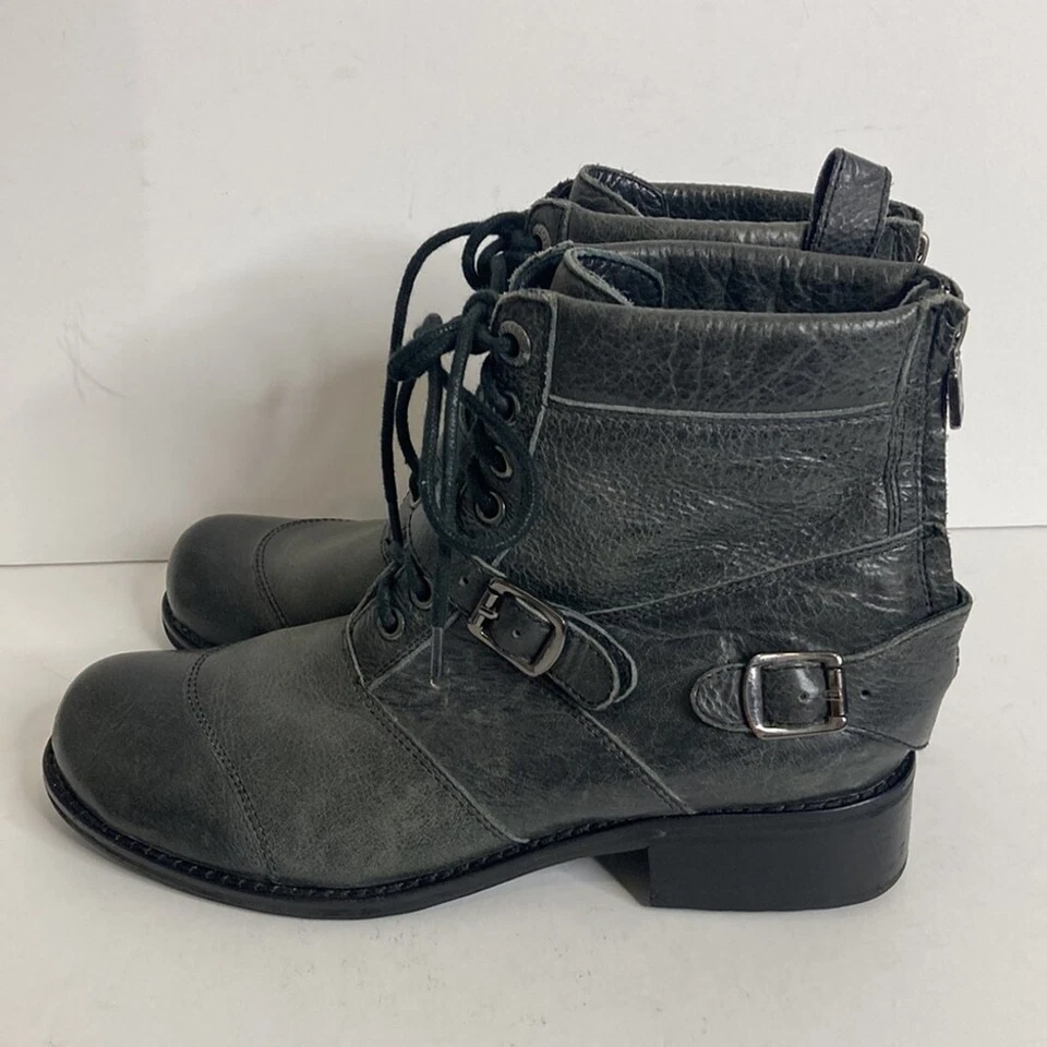 Belstaff Boots Womens 37 6 Gray Leather Lace Up Combat Moto Biker Buckle Foto 3 de 4