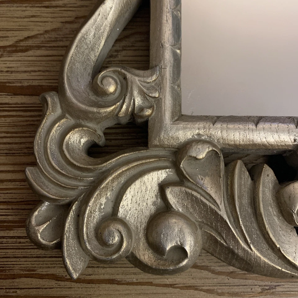 Vtg Carved Wooden Silver Leaf  Easel Dresser Table Mirror Photo Frame 16.5” Tall - Image 4 of 4