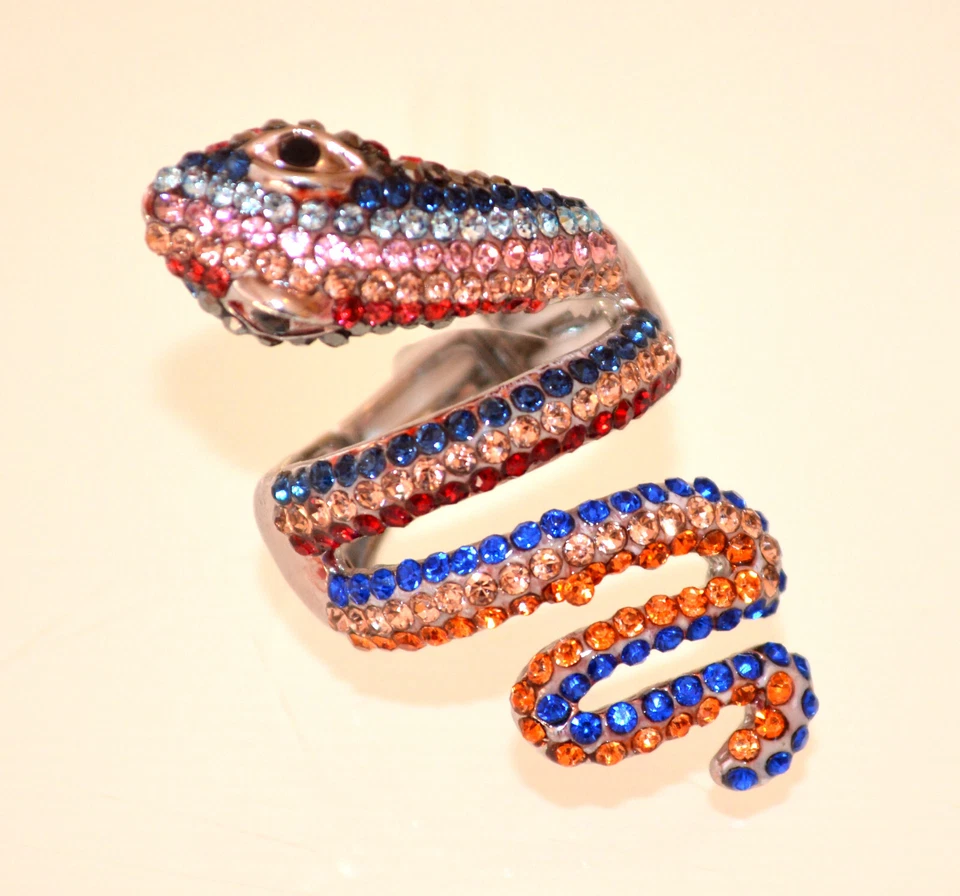 Anello donna argento serpente strass multicolore cristalli a molla elastico AX37 - Immagine 2 di 3