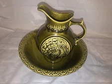 Vintage 1968 McCoy green turkey￼ Pitcher And Bowl Wash Basin MCP USA Co￼ 7516