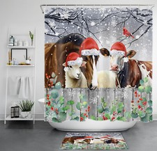 Winter Farm Animals Brown Cow Christmas Shower Curtain Set for Bathroom Decor