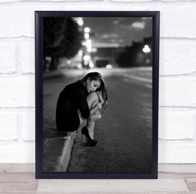 Alone Woman In Dress And High Heels Curled Up On Side Street Art Print