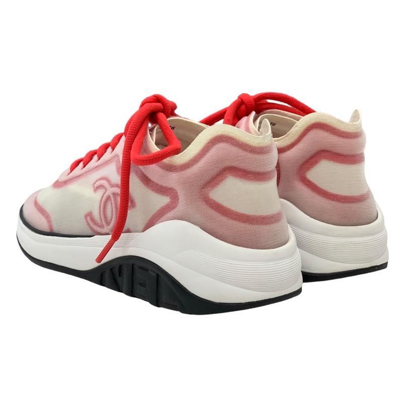 CHANEL Authentic Sneakers Shoes Fabric Red White Mesh Coco