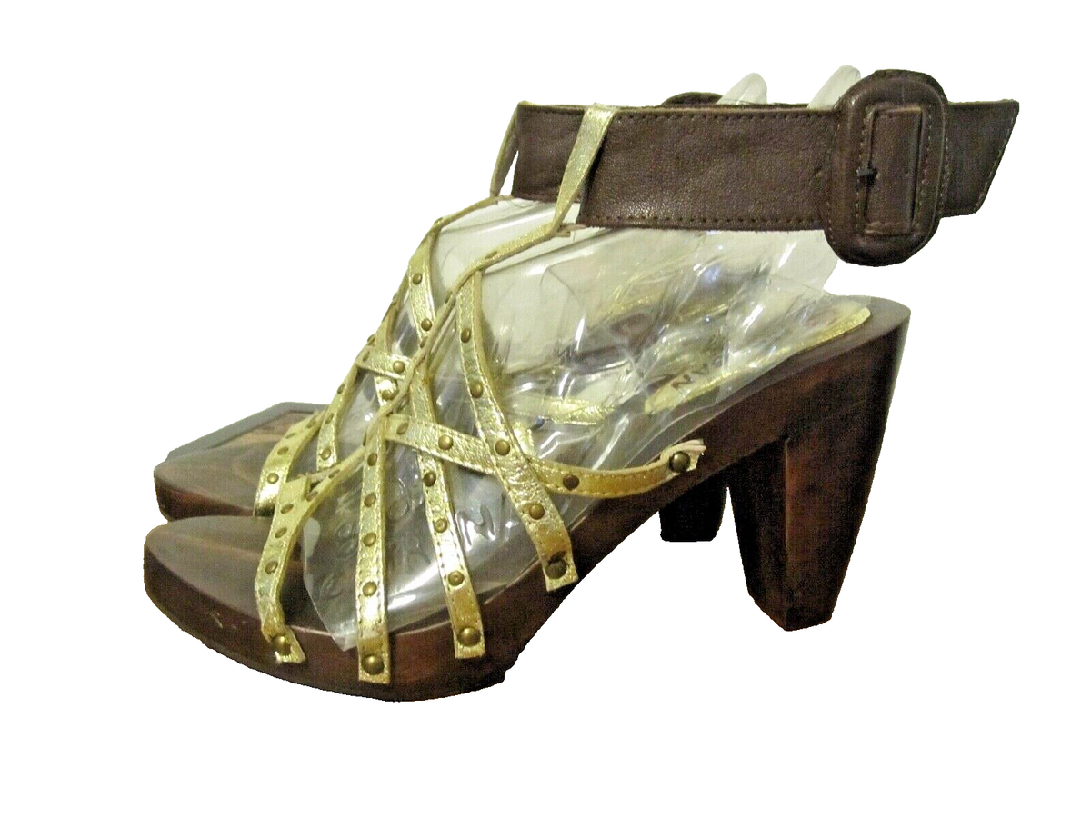 MORGAN DE TOI Wood Leather Gold Gladiator style ankle strap Sandal EUR 37  US