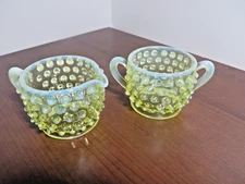 VTG Fenton Topaz Vaseline Opalescent Hobnail Open Creamer & Sugar Set