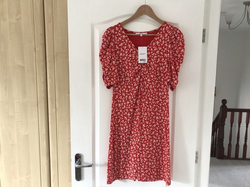 NEXT Red Floral Print Short Sleeve Mini Tea Summer Dress Size 8/10 - Brand New - Picture 2 of 11