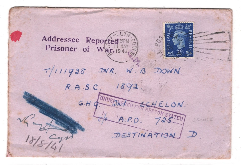 GB WW2 RETOUR Cover GREECE *APO.725* DESTINATION D 1941 via Egypt XD110 - Image 2 of 4