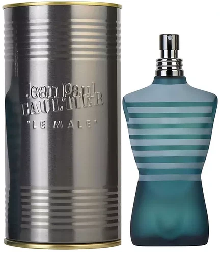 Silver Jean Paul Gaultier Le Male box with black text beside teal glass bottle with white stripes and gold cap.