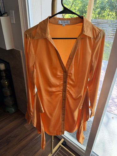 INTERMIX Orange Satin Button-Up Long Sleeve Collared Solid Dress Womens 4