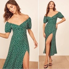 Reformation Pearl Chive Green Floral Off Shoulder Puff Sleeve Midi Dress Slit 0