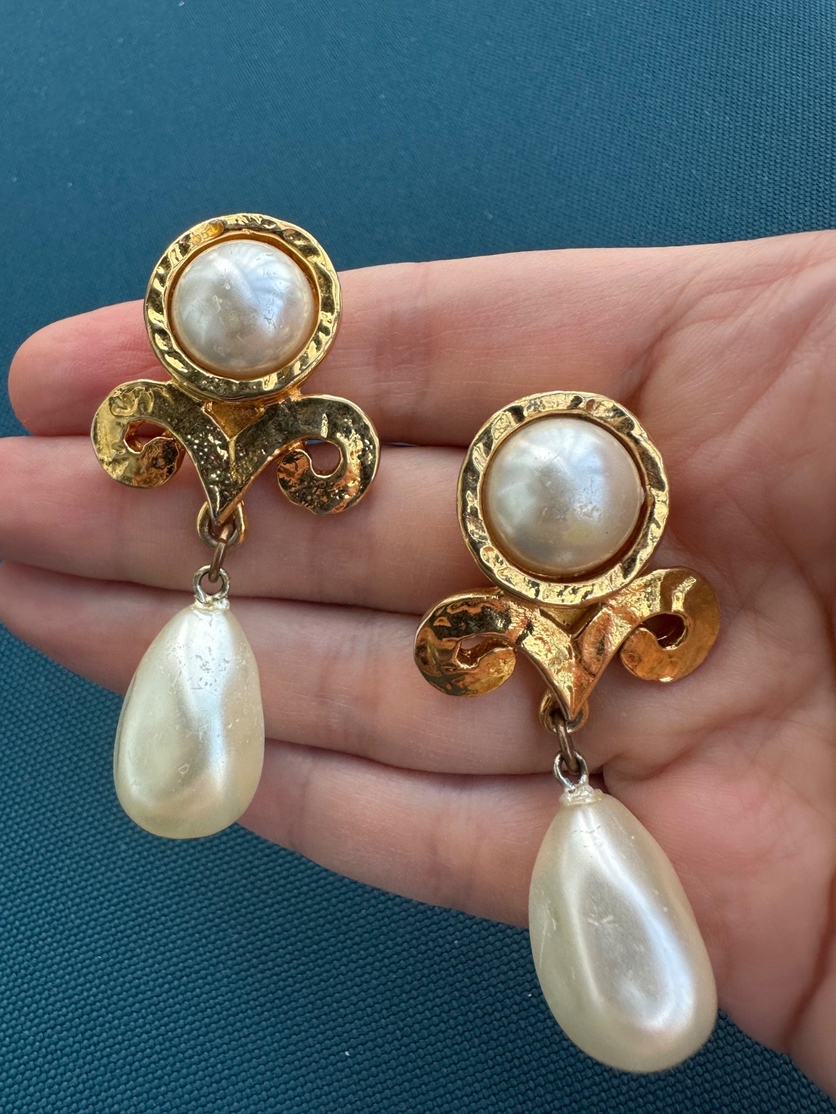 Vintage Made in France Faux Pearl Drop Clip-On Earrings Gold Tone French Costume