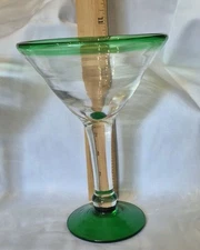 Lot Of 2 Mexican hand blown recycled green rimmed marqarita martini glasses