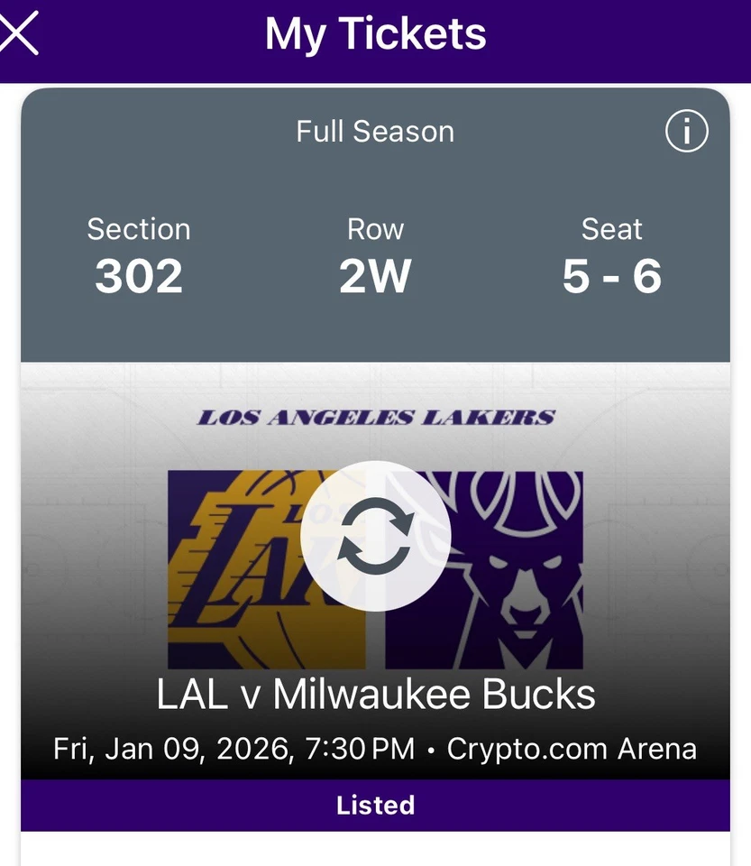 2 Grandes Entradas para The LA Lakers vs Milwaukee Bucks 1/9/26 Sección 302 Fila 2W Foto 2 de 4
