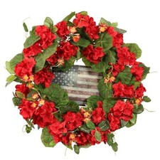 Patriotic Wreath for Front Door, 20-Inch 4th of July Wreath with Geraniums Red