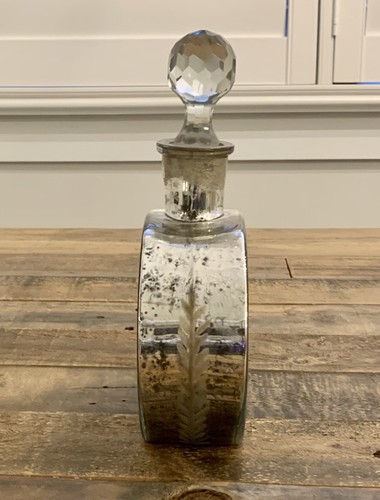Art Deco Silver Mercury Glass Decorative Bottle: Clear Faceted Stopper • Etched - Picture 6 of 14