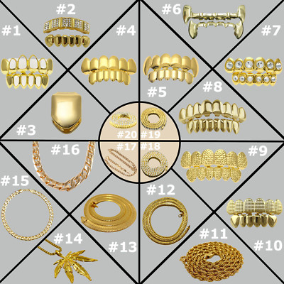 Different Styles Of 14K and 22K Gold Plated Hip Hop Necklaces & Grillz For Men
