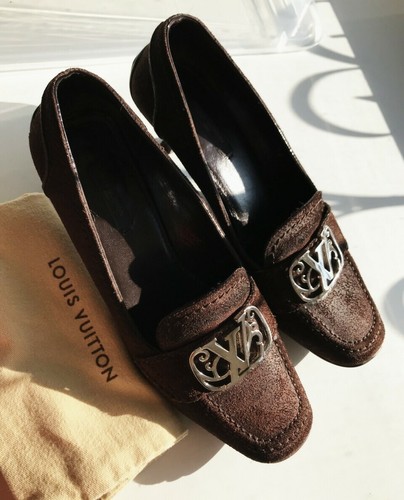 Mocasines Vuitton tacones pequeños 38 (US8 - 8.5) logotipo marrón auténtico | eBay
