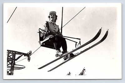 Postcard RPPC Woman on Chair Mile Long Chair Ski Lift Timberline Lodge Oregon OR