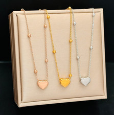 Silver Gold Stainless Steel Love Heart Shape Pendant Beads Chain Necklace PE49