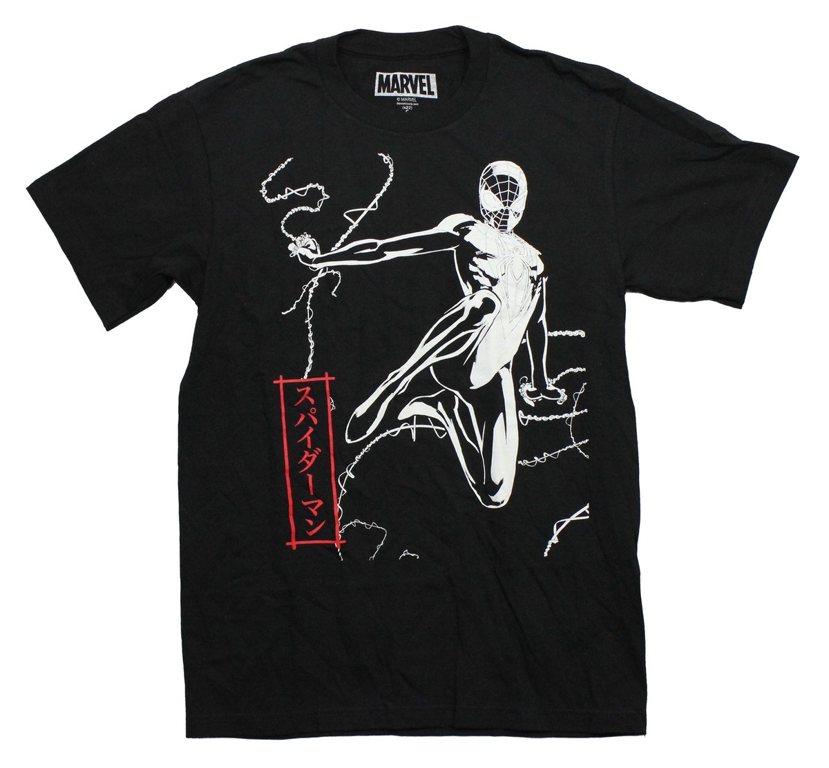 Spider-Man New Adult T-Shirt -All White Outline Flying Along Red