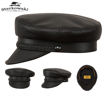 Sterkowski HANSA Naturleder Herren Mütze Elegant Schirmmütze Schwarz