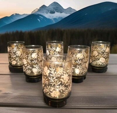  VTG 70 s Libby Amber Smoke Brown Glasses Tumblers Brown Flowers 12 OZ. SET OF 6