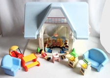 Vintage Little Tikes Light Blue Roof 2 Story Dollhouse & Accessories/Figures Lot