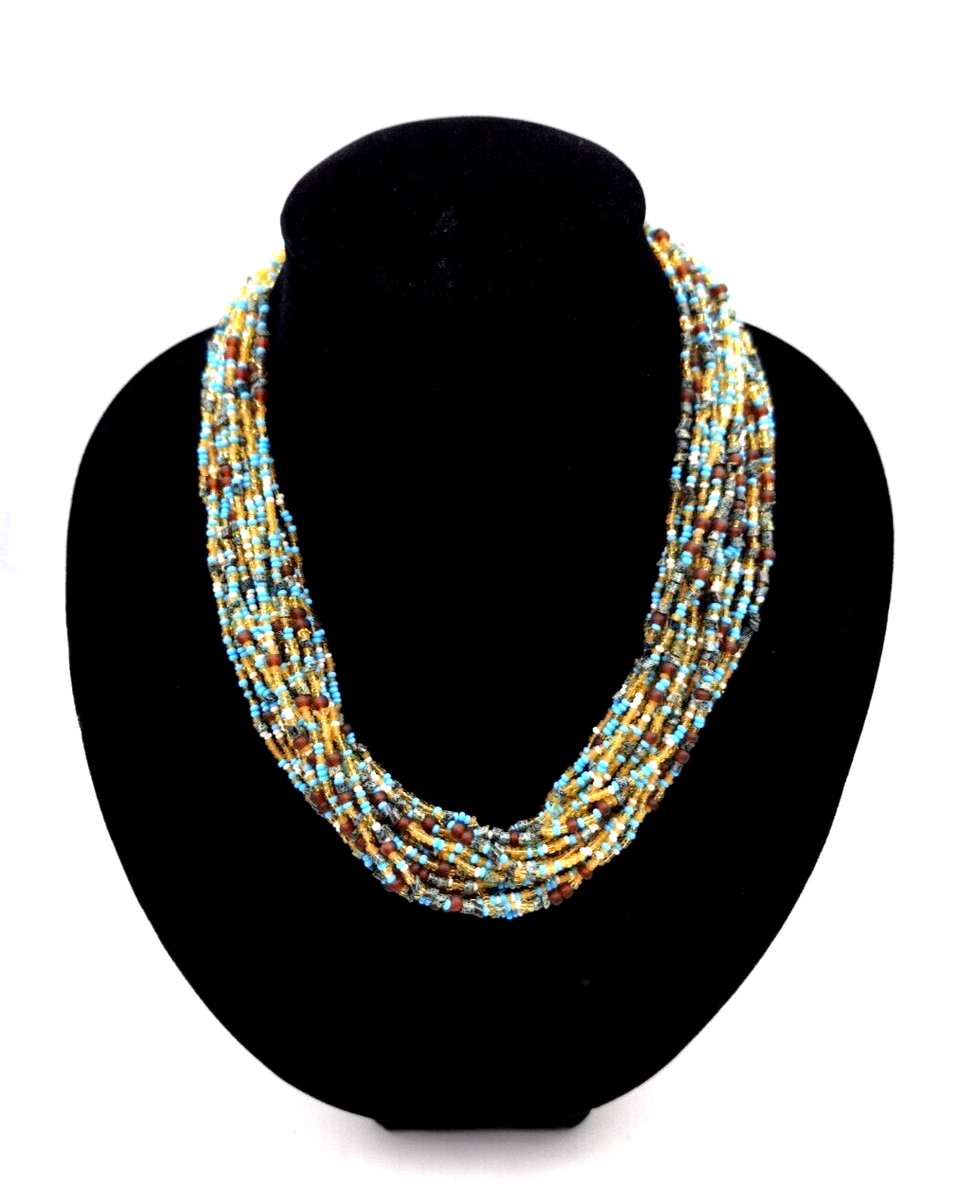 Kenneth Jay Lane KJL Czech Glass Bead Multi Strand Necklace Blue Brown  Adjustab