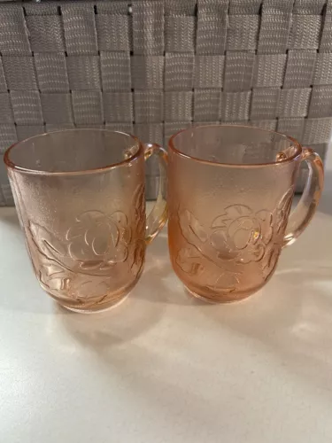 ARCOROC Pink Rosaline Floral Embossed Coffee Mugs Set of 2  Made In France  EUC