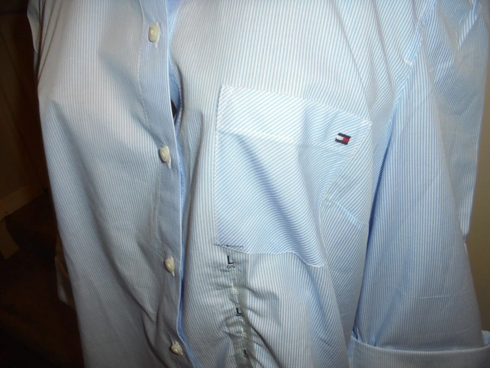TOMMY HILFIGER  HERITAGE LIGHT BLUE SMALL STRIPS SHIRT -SIZE LARGE - Image 3 of 4