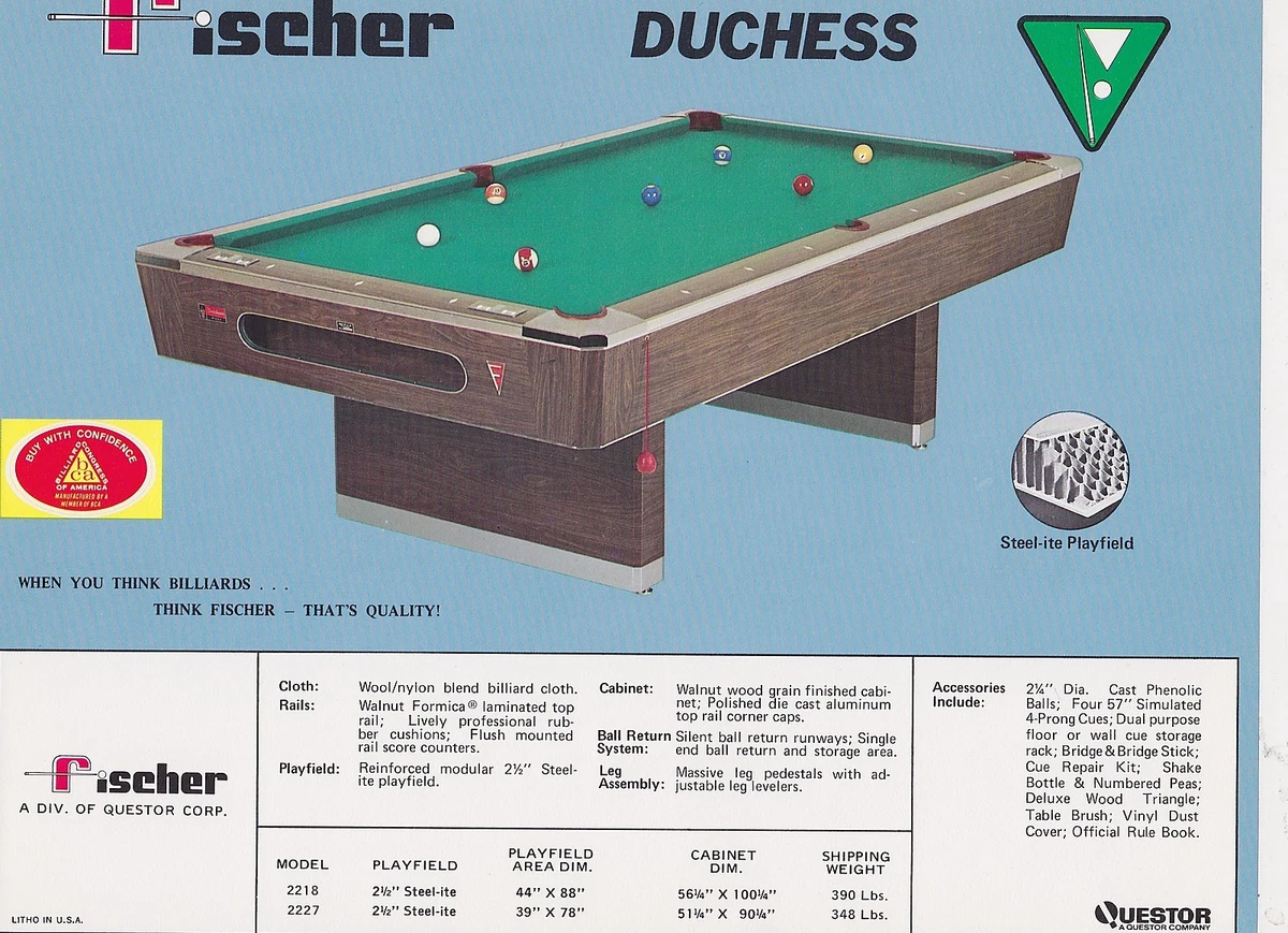VINTAGE AD SHEET 1824 FISCHER BILLIARDS POOL TABLE DUCHESS