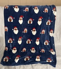 Soft Blue Holiday Themed Diverse Santa Claus Faces Blanket 86  x 60  Christmas