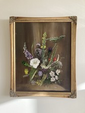 Large Antique Oil on Board  Framed Painting - Still Life - Flowers / Floral