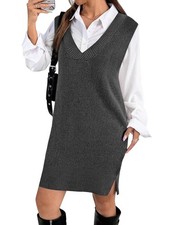 Zeagoo Women’s Oversized Sweater Vest Dress V Neck Large, Dark Grey 